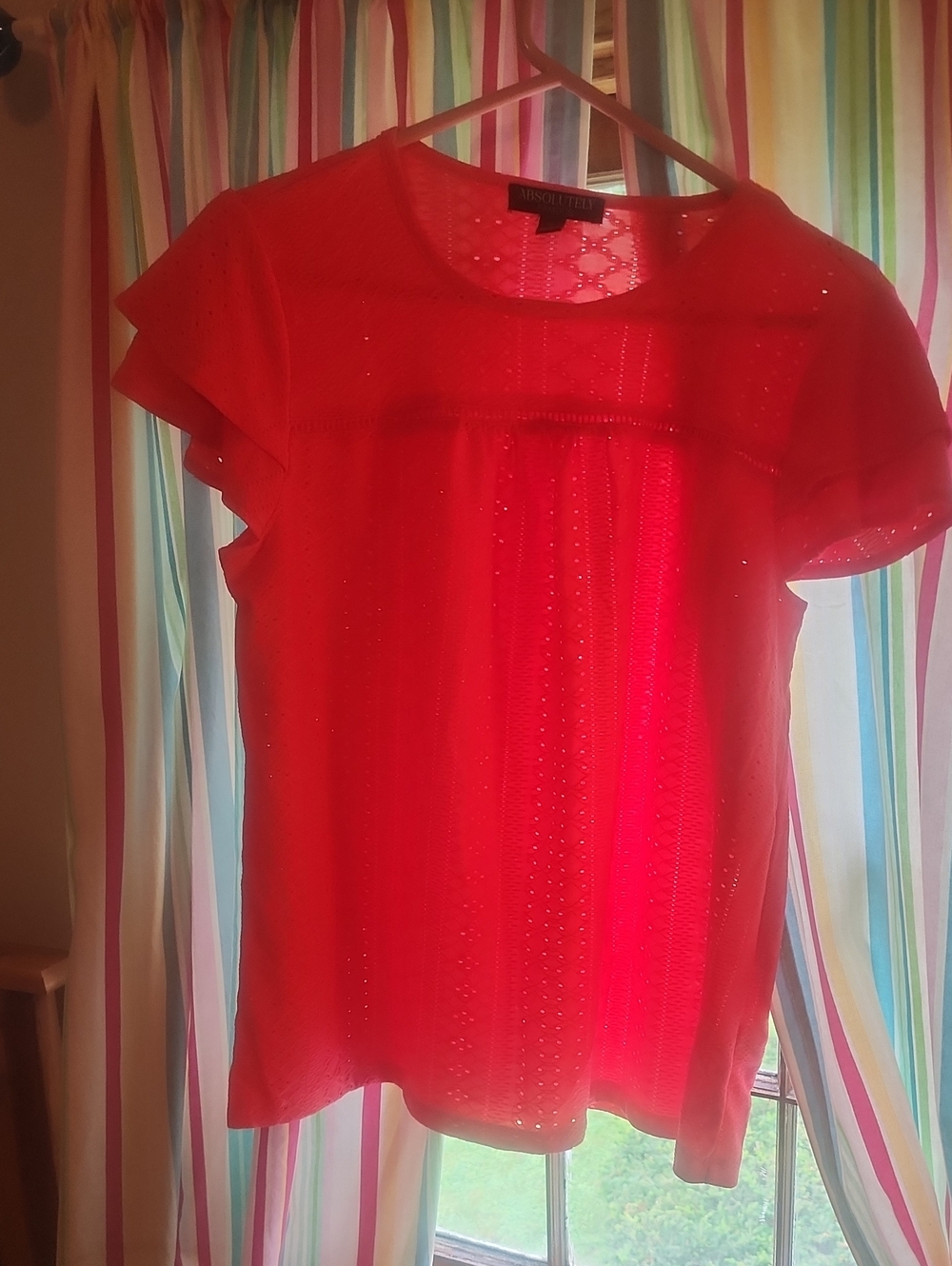Absolutely Famous Coral-Red Eyelet Short Sleeve Blouse